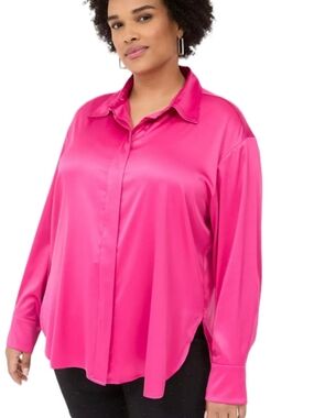 Lane Bryant Hot Pink Satin Button-Front Boyfriend Shirt NWT